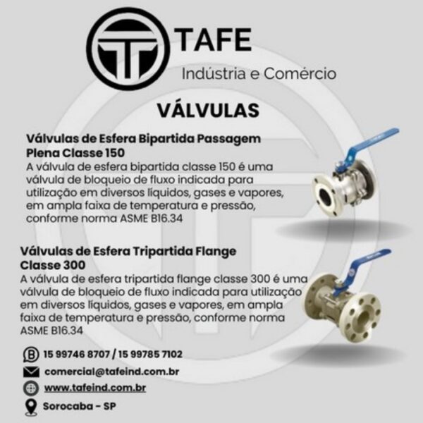 Válvula de Esfera Bipartida Passagem Plena classe 150 / Válvula de Esfera Tripartida Flange Classe 300